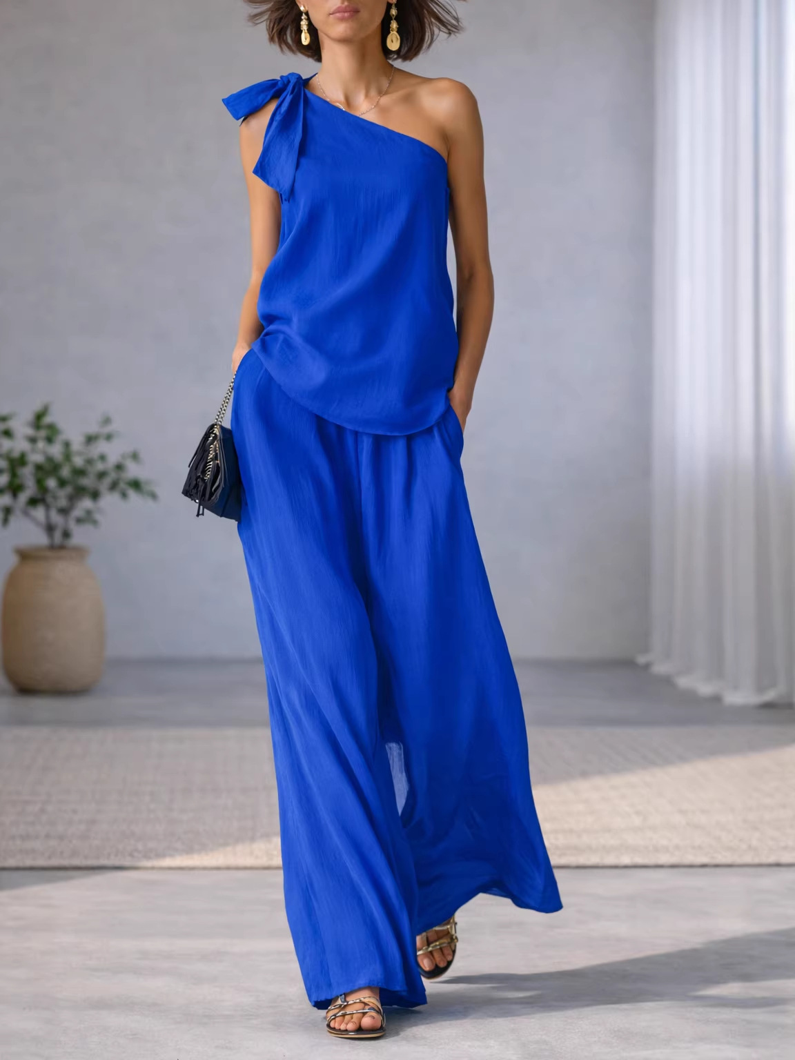 Gray Cotton And Linen Sleeveless One Shoulder Top With Tie Detail And Wide Leg Pants Set